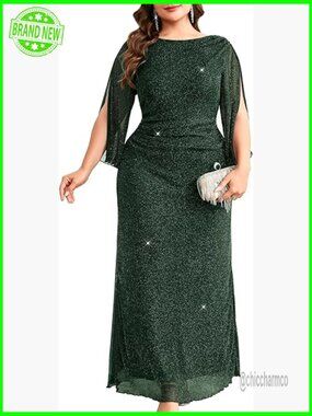 Plus Size Sparkly Evening Dress 3/4 Petal Sleeve V-Back Ruched Maxi Gown